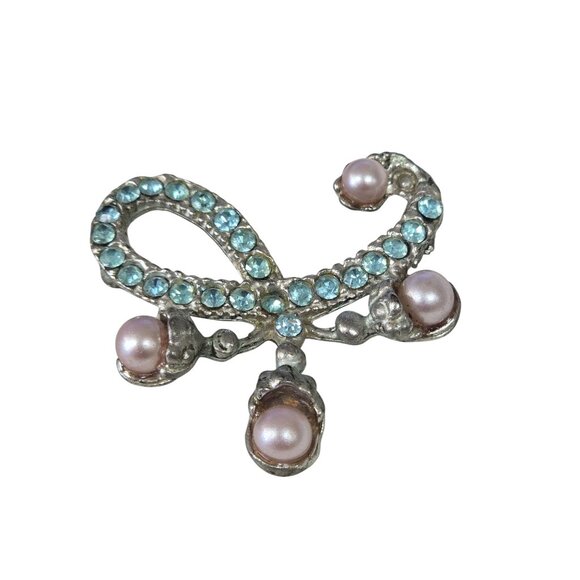 Jewelry - Vintage Silver Tone Aquamarine Blue Rhinestone & Faux Pearl Brooch Pin